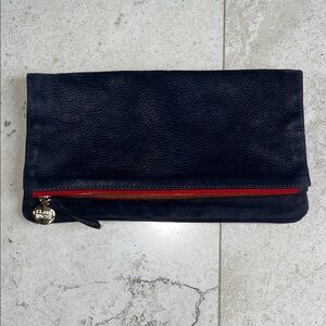 Clare Vivier Navy Pebbled Leather Fold-Over Clutch Pouch with Red Zipper